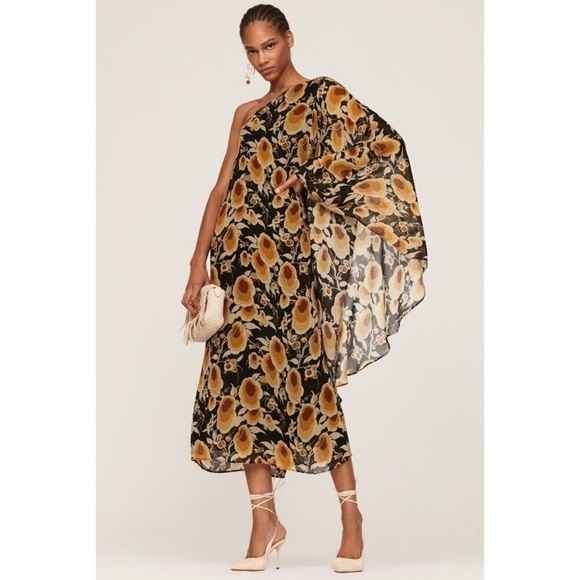 Rixo Liza Dress One Shoulder Batwing Cocktail Midi Wedding Guest Womens XS